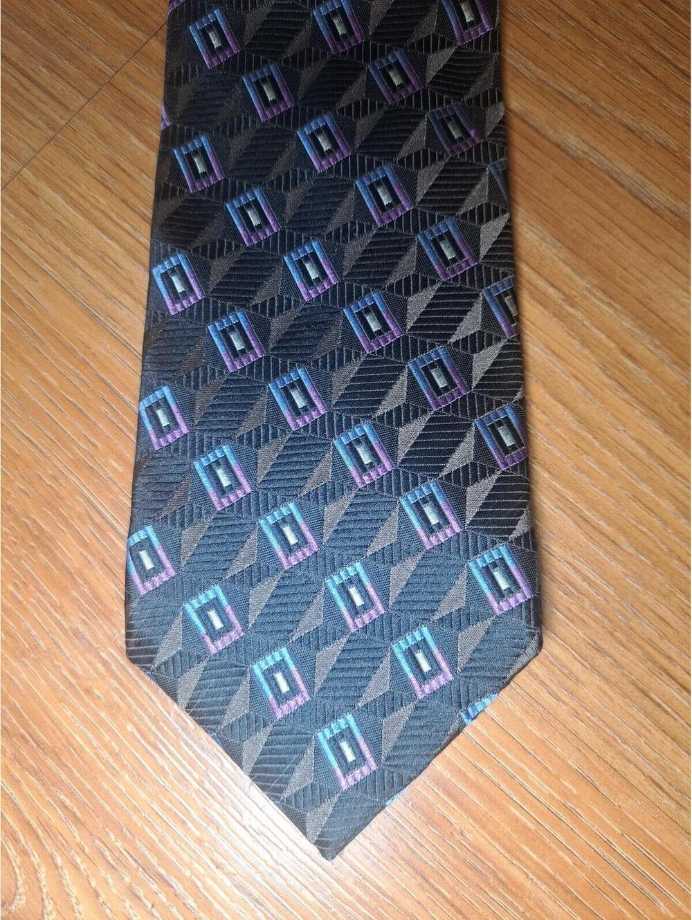 XMI Silk Tie Black Multicolor Geometric Wide Handmade in USA